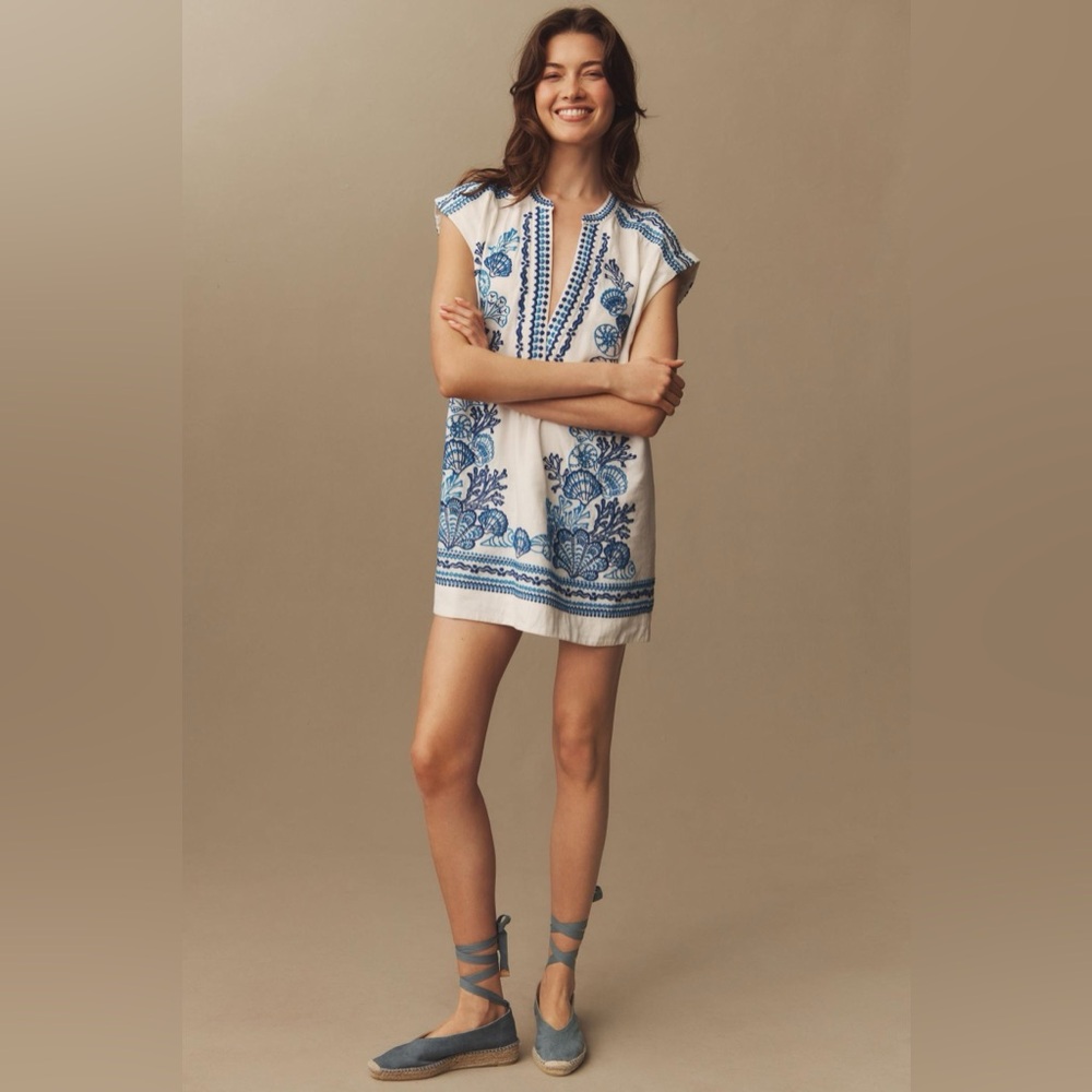 Anthropologie Maeve linen embroidered tunic dress medium white blue beach shells - Picture 16 of 17